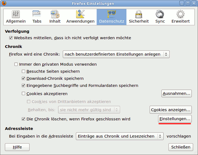 Firefox Einstellungen zum Datenschutz
