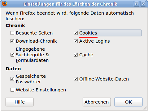 Löschen der Cookies beim Beenden