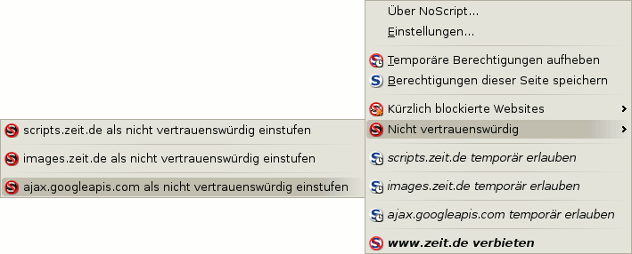 NoScript: nicht vertrauenswürdig Menü