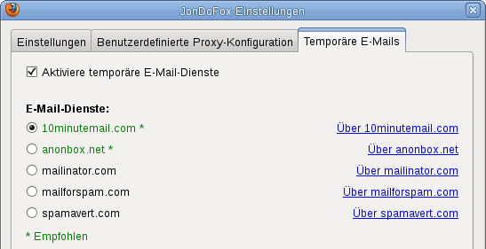 Temporäre E-Mail-Adressen -- Einstellungen