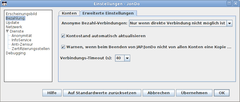 Einstellungen für Bezahlung
