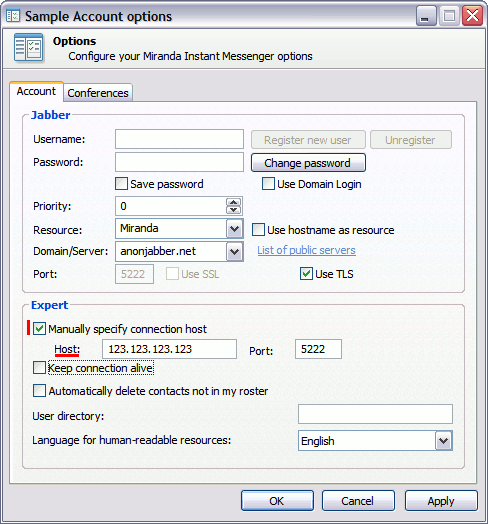 IP-Adresse des Jabber-Servers konfigurieren